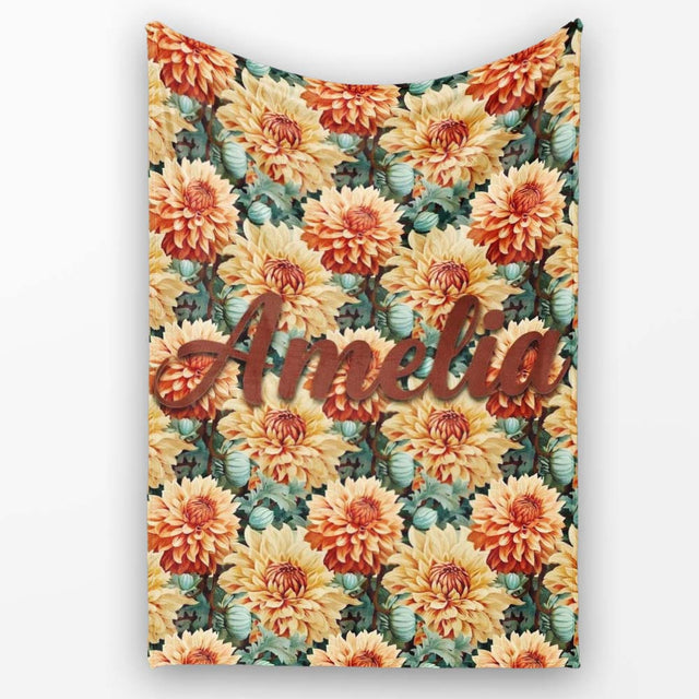 Warm Autumn Dahlia Flowers Vintage Botanical Seamless Pattern Name  Personalised Custom Name Super Soft Fleece Blanket Bed Sofa Throw