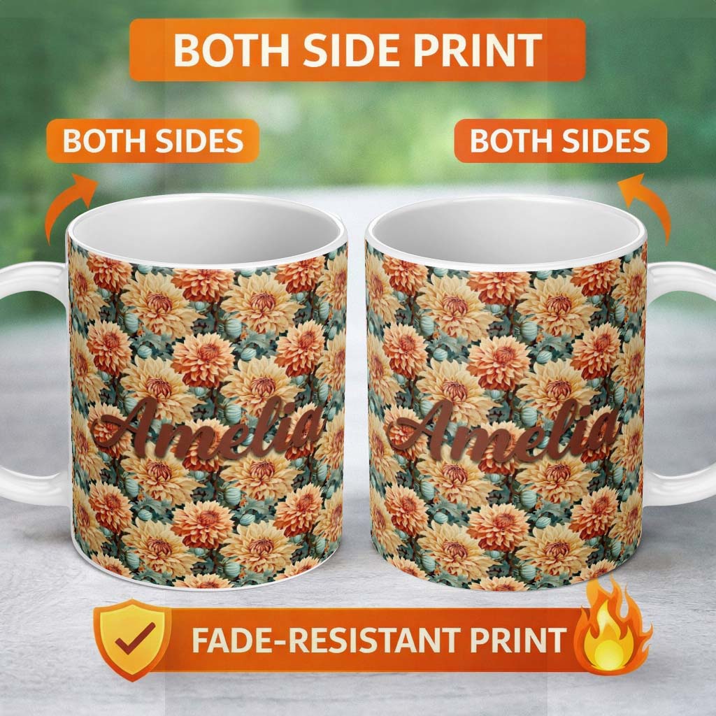 Personalized Custom Name Warm Autumn Dahlia Flowers Vintage Botanical Seamless Pattern Name 11oz Ceramic Coffee Tea Mug White Large Handle