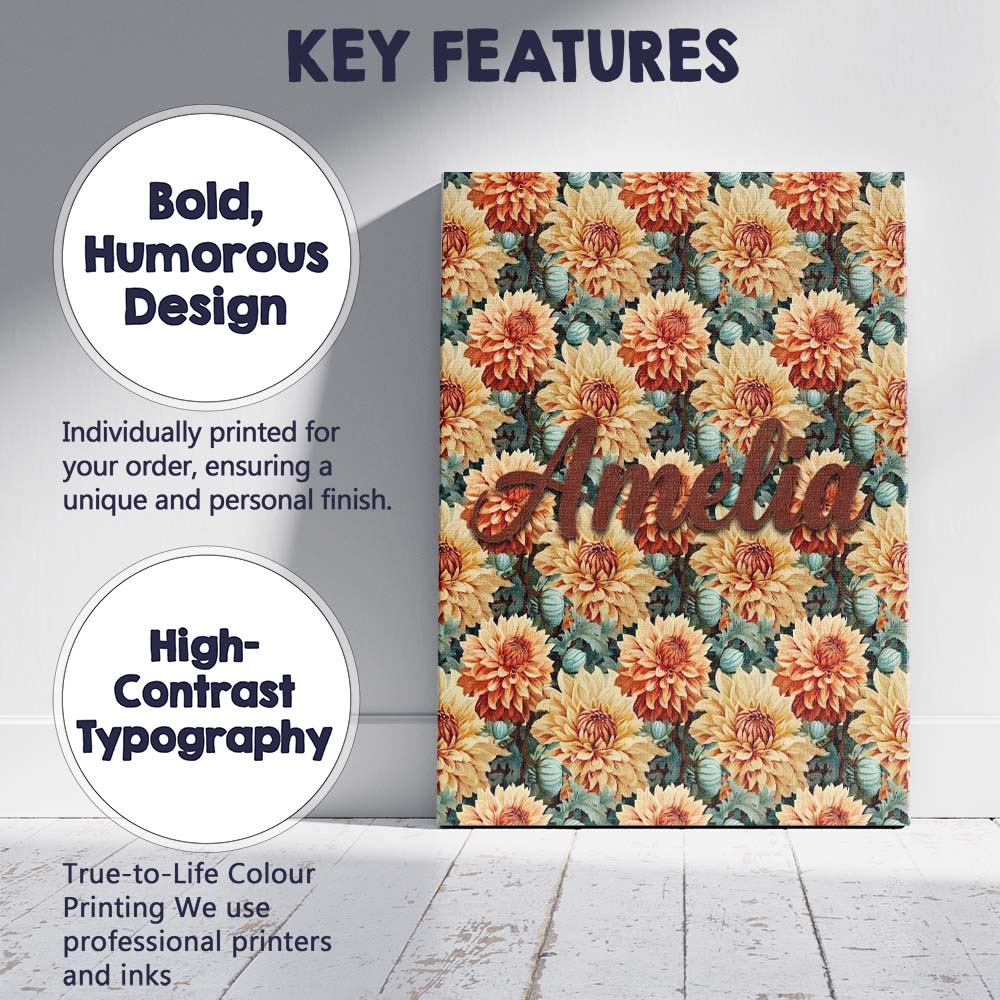 Personalised Name Warm Autumn Dahlia Custom Premium Decorative Design Modern Room Accent Canvas Wall Art Print Decor Picture Ready to Hang