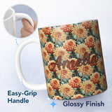 Personalized Custom Name Warm Autumn Dahlia Flowers Vintage Botanical Seamless Pattern Name 11oz Ceramic Coffee Tea Mug White Large Handle