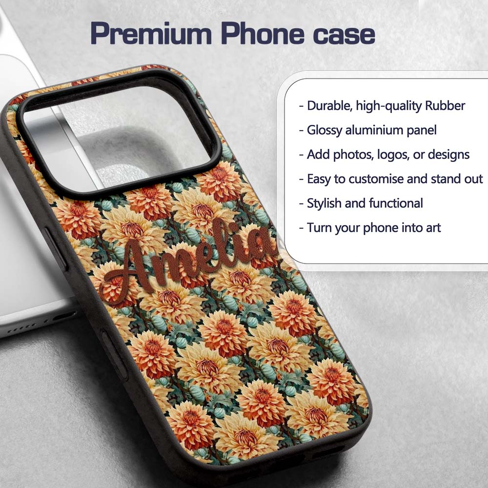 Warm Autumn Dahlia Flowers Vintage Botanical Custom Name Protective Phone Case Mobile Cover Durable Everyday Smartphone Shock Resistant