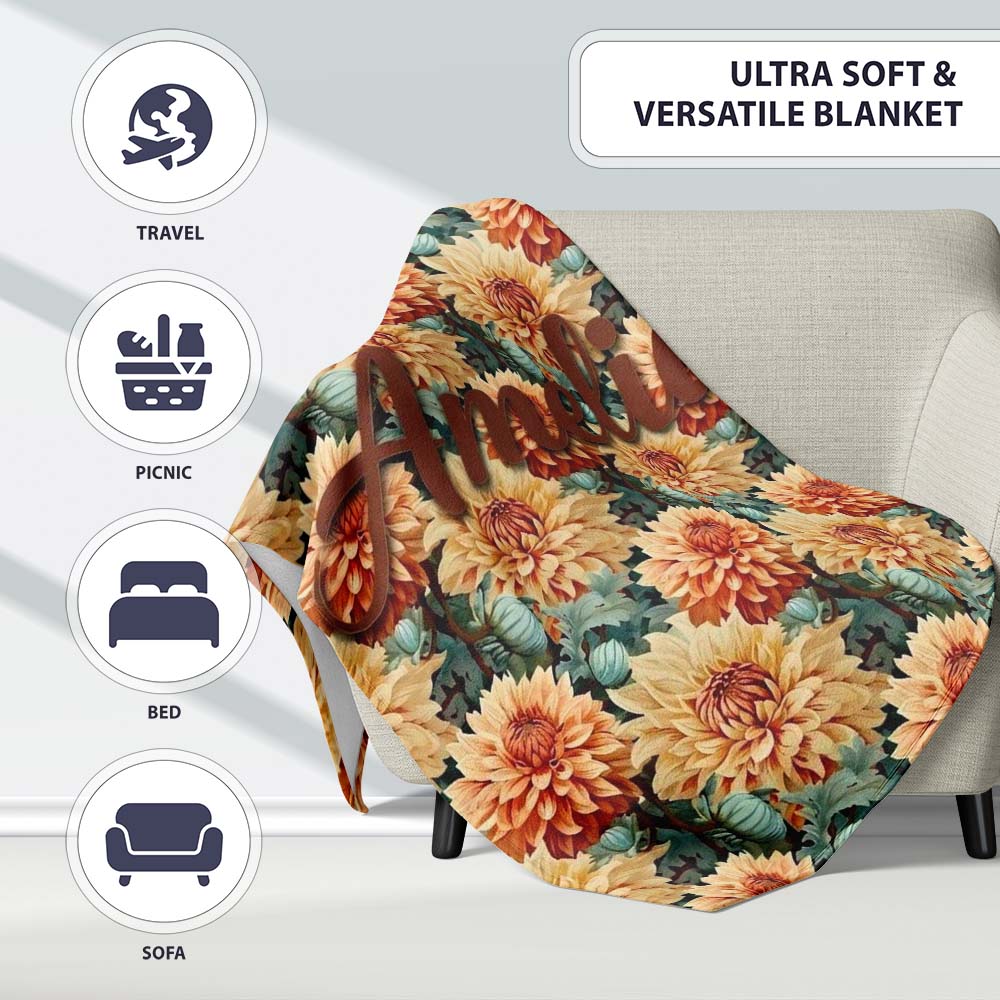 Warm Autumn Dahlia Flowers Vintage Botanical Seamless Pattern Name  Personalised Custom Name Super Soft Fleece Blanket Bed Sofa Throw