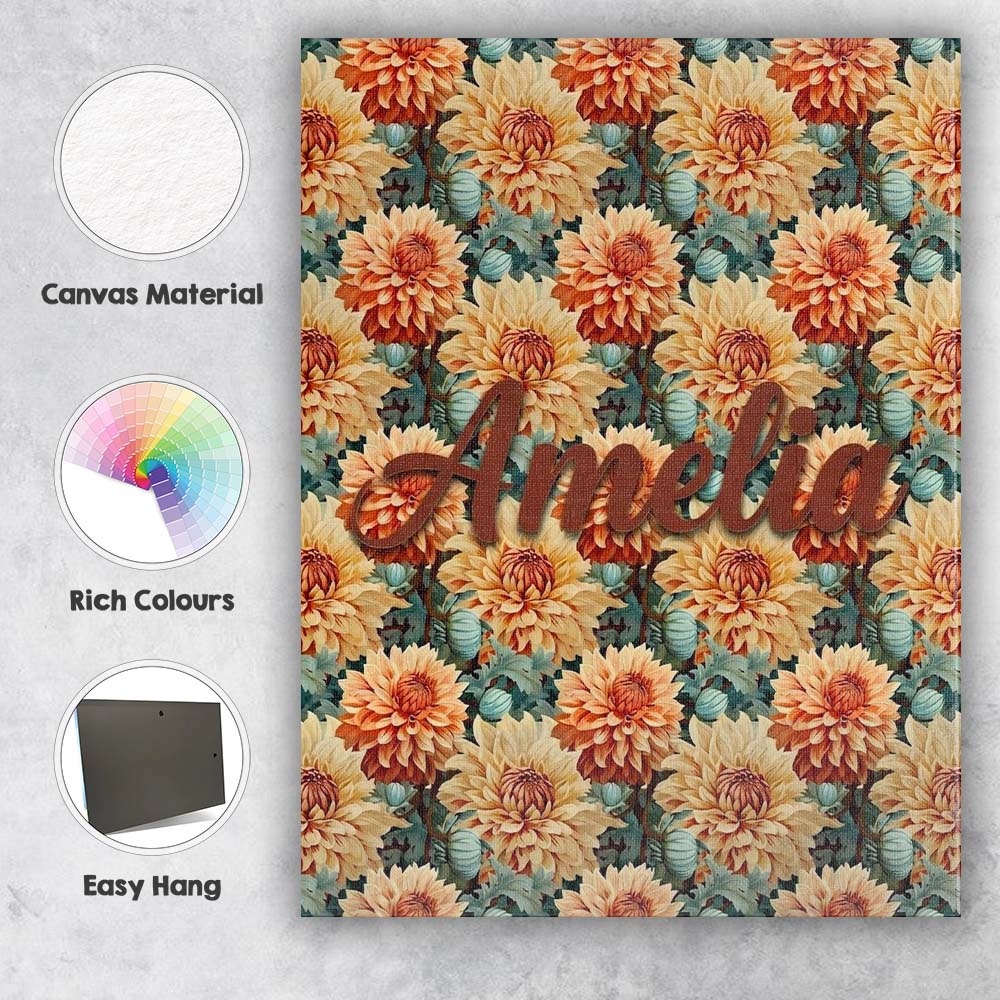 Personalised Name Warm Autumn Dahlia Custom Premium Decorative Design Modern Room Accent Canvas Wall Art Print Decor Picture Ready to Hang