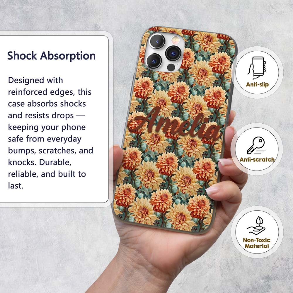 Warm Autumn Dahlia Flowers Vintage Botanical Custom Name Protective Phone Case Mobile Cover Durable Everyday Smartphone Shock Resistant