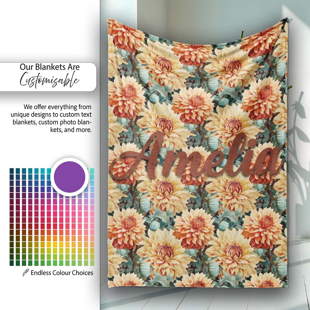 Warm Autumn Dahlia Flowers Vintage Botanical Seamless Pattern Name  Personalised Custom Name Super Soft Fleece Blanket Bed Sofa Throw