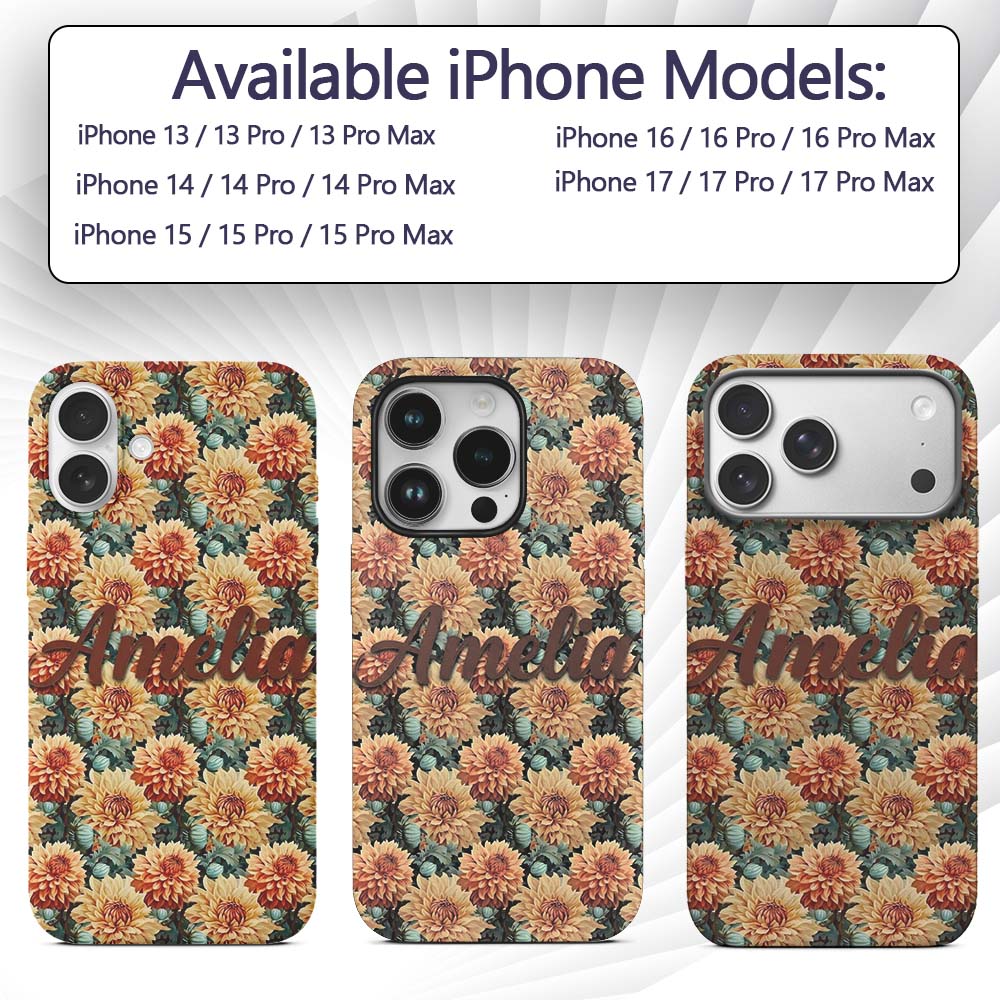 Warm Autumn Dahlia Flowers Vintage Botanical Custom Name Protective Phone Case Mobile Cover Durable Everyday Smartphone Shock Resistant