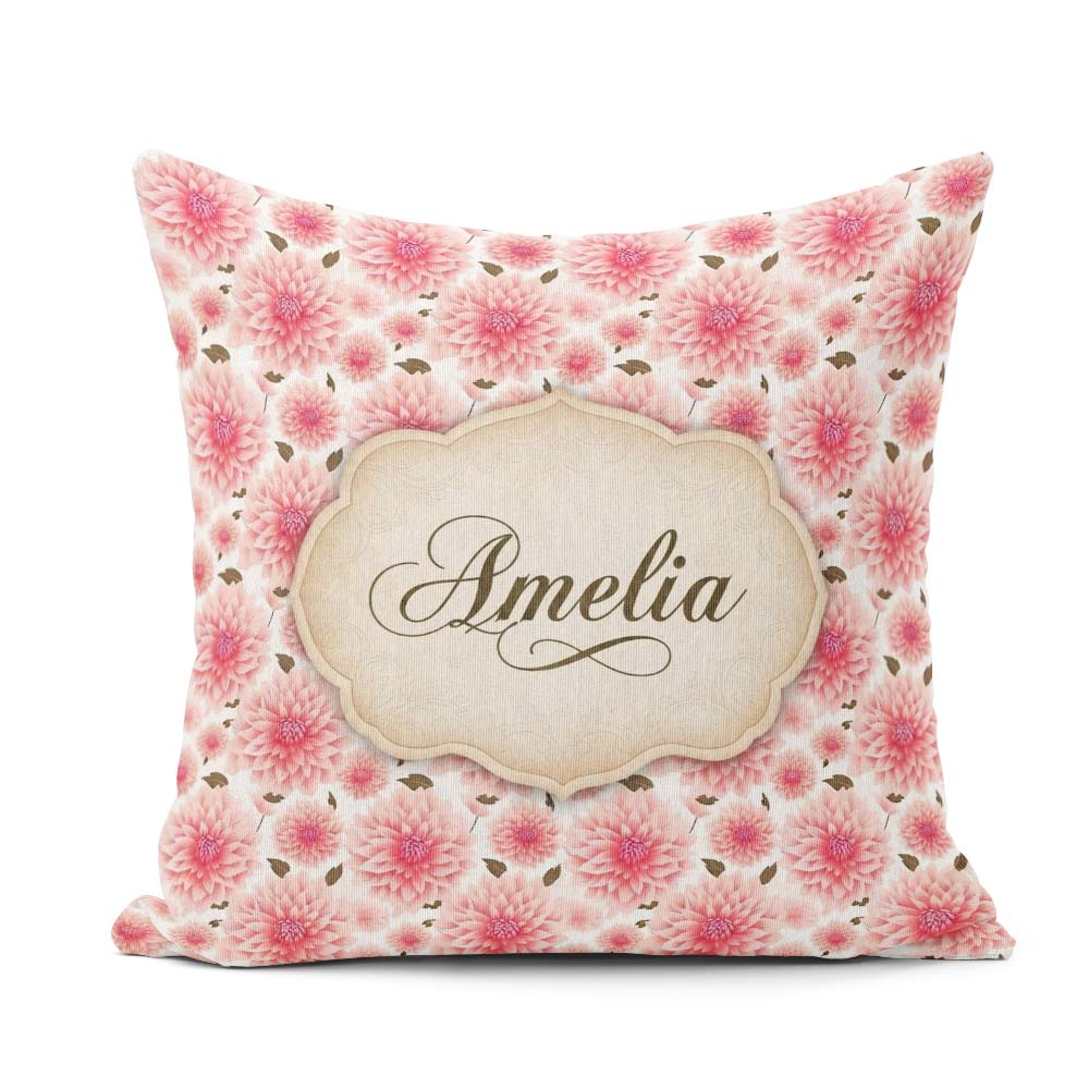 Custom Name Light Pink Dahlia Bloom Soft Pastel Seamless Pattern Square Filled Cushion Throw Pillow Sofa Bed Home Decor Zip Washable UK Made