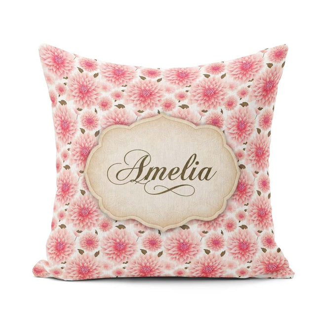 Custom Name Light Pink Dahlia Bloom Soft Pastel Seamless Pattern Square Filled Cushion Throw Pillow Sofa Bed Home Decor Zip Washable UK Made