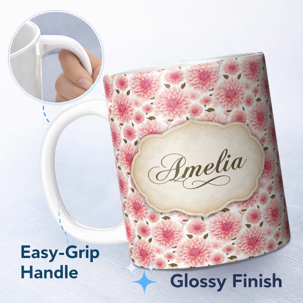 Personalized Custom Name Light Pink Dahlia Bloom Soft Pastel Floral Seamless Pattern Name 11oz Ceramic Coffee Tea Mug White Large Handle