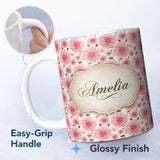 Personalized Custom Name Light Pink Dahlia Bloom Soft Pastel Floral Seamless Pattern Name 11oz Ceramic Coffee Tea Mug White Large Handle