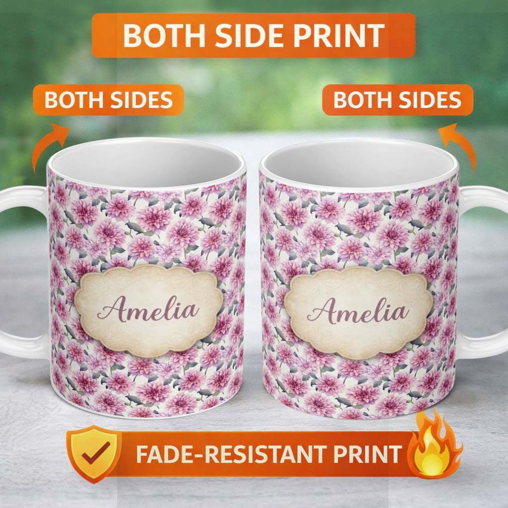 Personalized Custom Name Lilac Dahlia Flowers Delicate Botanical Seamless Pattern Name Cute 11oz Ceramic Coffee Tea Mug White Large Handle