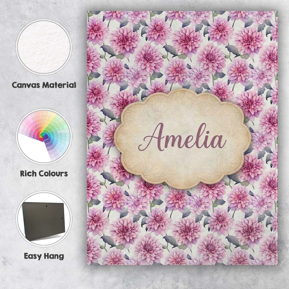Personalised Name Lilac Dahlia Flowers Custom  Modern Room Accent Elegant Feature Canvas Wall Art Print Decor Picture Ready to Hang
