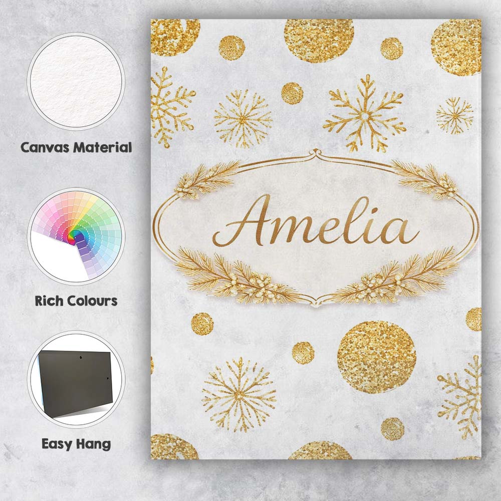 Personalised Name Gold Snowflakes and Glitter Dots Seamless Pattern Custom Canvas Wall Art Print Decor Picture Ready to Hang