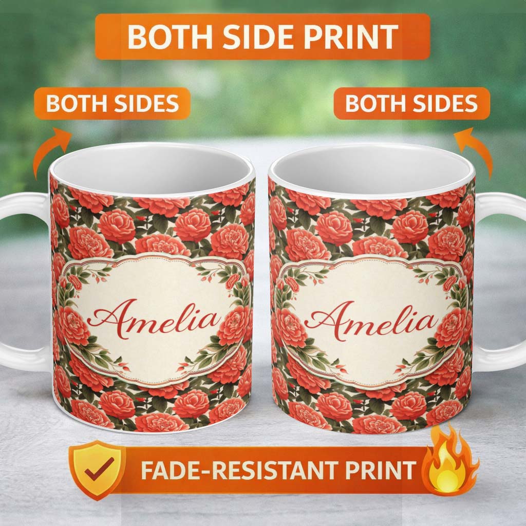 Personalized Custom Name Blush Pink Peony Floral Seamless Pattern Perfect Gift for Her Lovely 11oz Ceramic Coffee Tea Mug White Large Handle