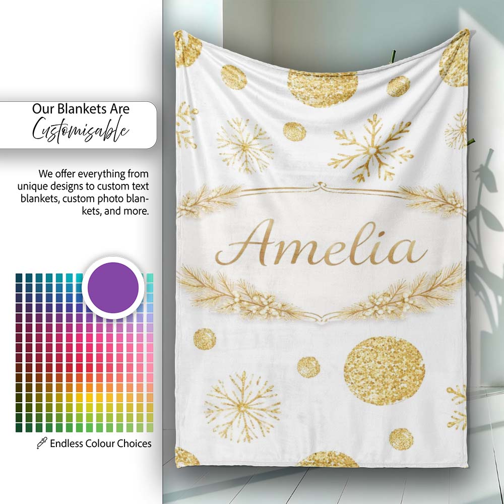 Gold Snowflakes and Glitter Dots Seamless Pattern Cute Unique Gift  Personalised Custom Name Super Soft Fleece Blanket Bed Sofa Throw