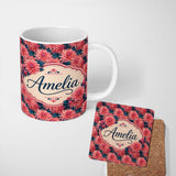 Personalized Custom Name Bold Red Dahlia Floral Dark Background Seamless Pattern Name Cute 11oz Ceramic Coffee Tea Mug White Large Handle