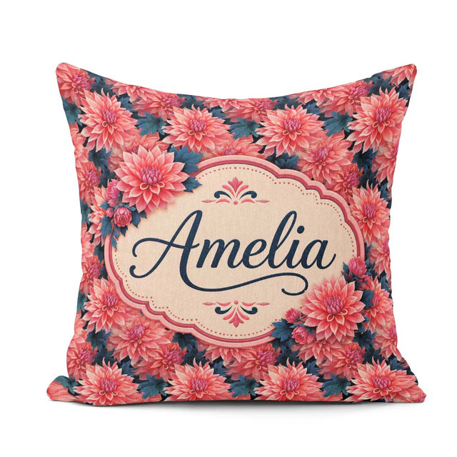 Custom Name Bold Red Dahlia Floral Dark Background Seamless Name Square Filled Cushion Throw Pillow Sofa Bed Home Decor Zip Washable UK Made
