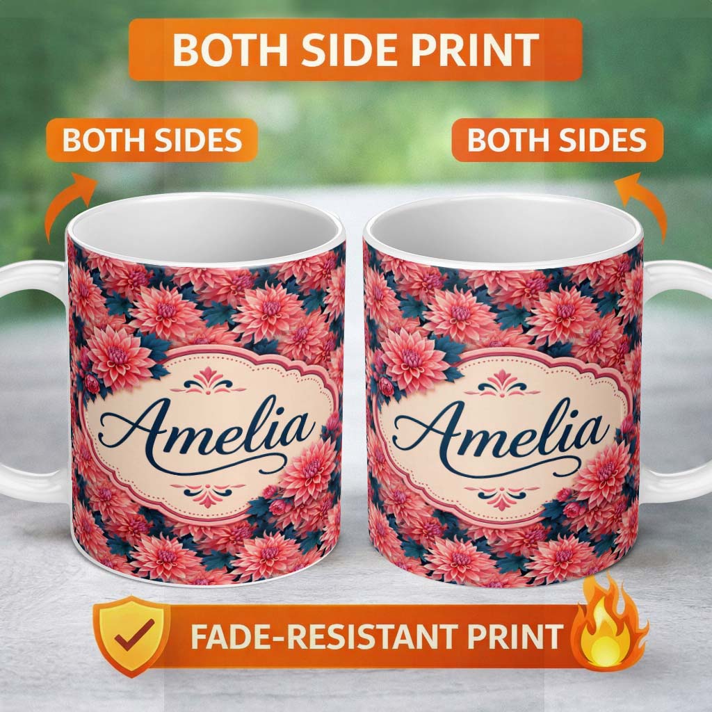 Personalized Custom Name Bold Red Dahlia Floral Dark Background Seamless Pattern Name Cute 11oz Ceramic Coffee Tea Mug White Large Handle