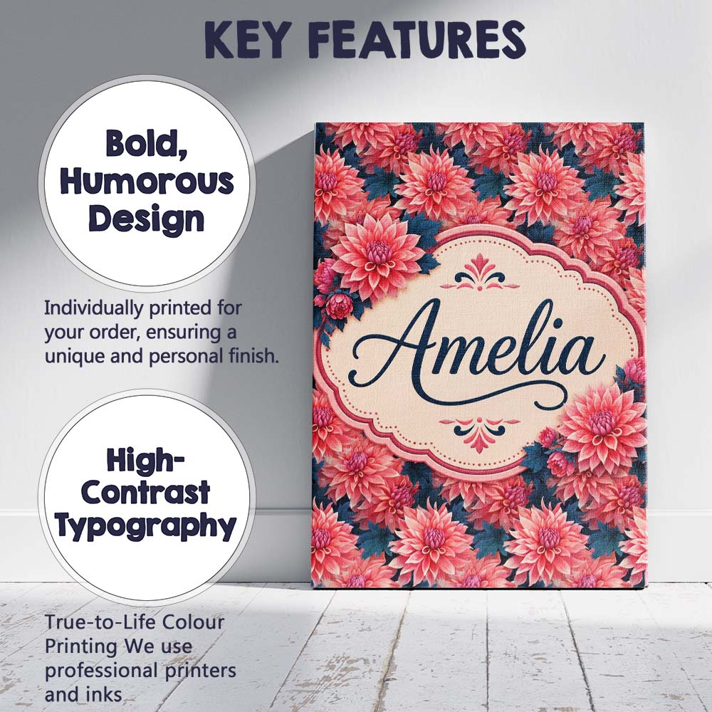 Personalised Name Bold Red Dahlia Floral Custom  Unique Gift Idea Elegant Feature Canvas Wall Art Print Decor Picture Ready to Hang