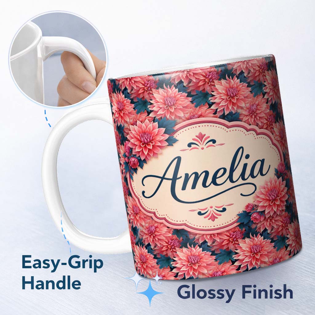 Personalized Custom Name Bold Red Dahlia Floral Dark Background Seamless Pattern Name Cute 11oz Ceramic Coffee Tea Mug White Large Handle