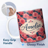 Personalized Custom Name Bold Red Dahlia Floral Dark Background Seamless Pattern Name Cute 11oz Ceramic Coffee Tea Mug White Large Handle