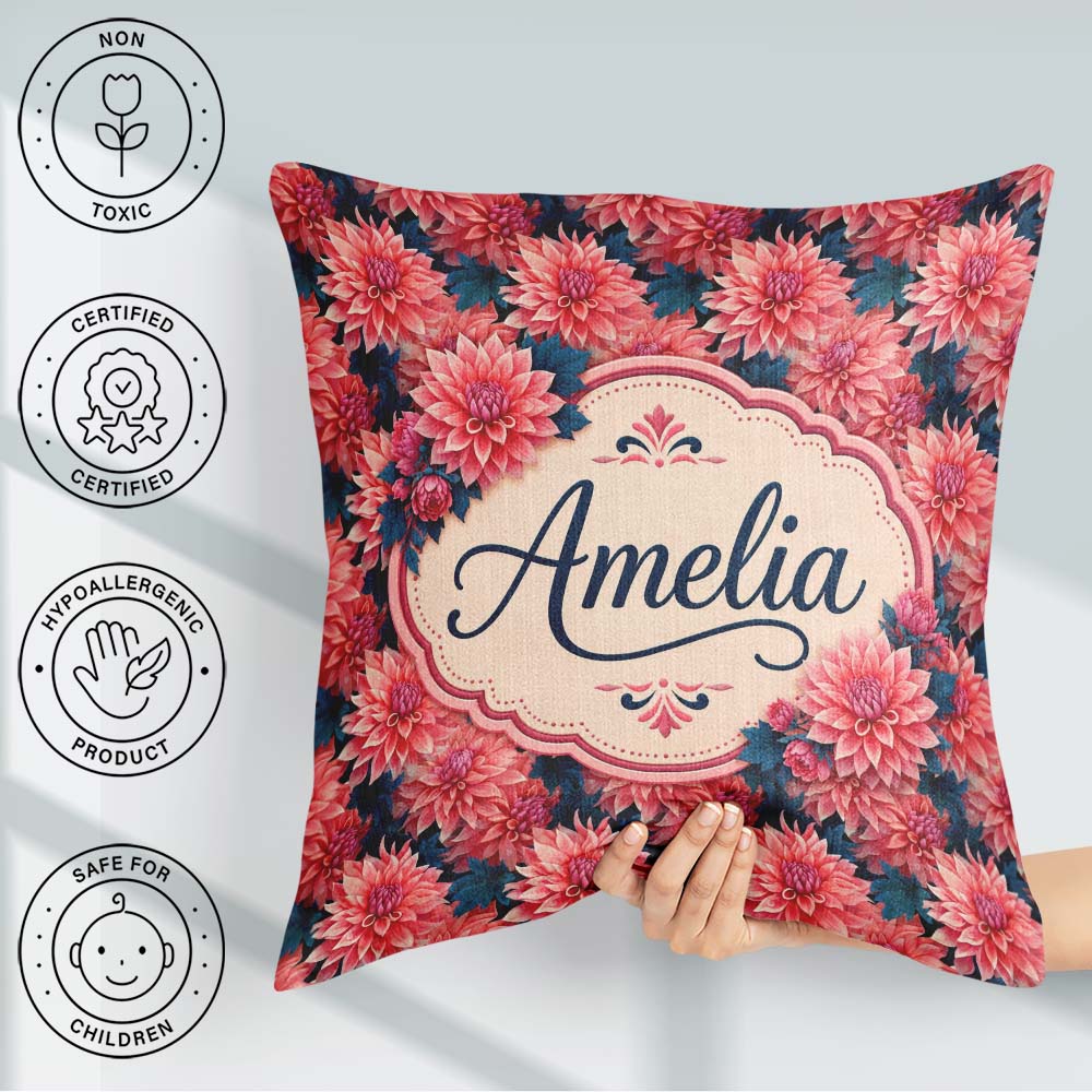 Custom Name Bold Red Dahlia Floral Dark Background Seamless Name Square Filled Cushion Throw Pillow Sofa Bed Home Decor Zip Washable UK Made
