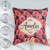 Custom Name Bold Red Dahlia Floral Dark Background Seamless Name Square Filled Cushion Throw Pillow Sofa Bed Home Decor Zip Washable UK Made