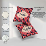 Custom Name Bold Red Dahlia Floral Dark Background Seamless Name Square Filled Cushion Throw Pillow Sofa Bed Home Decor Zip Washable UK Made