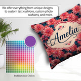 Custom Name Bold Red Dahlia Floral Dark Background Seamless Name Square Filled Cushion Throw Pillow Sofa Bed Home Decor Zip Washable UK Made
