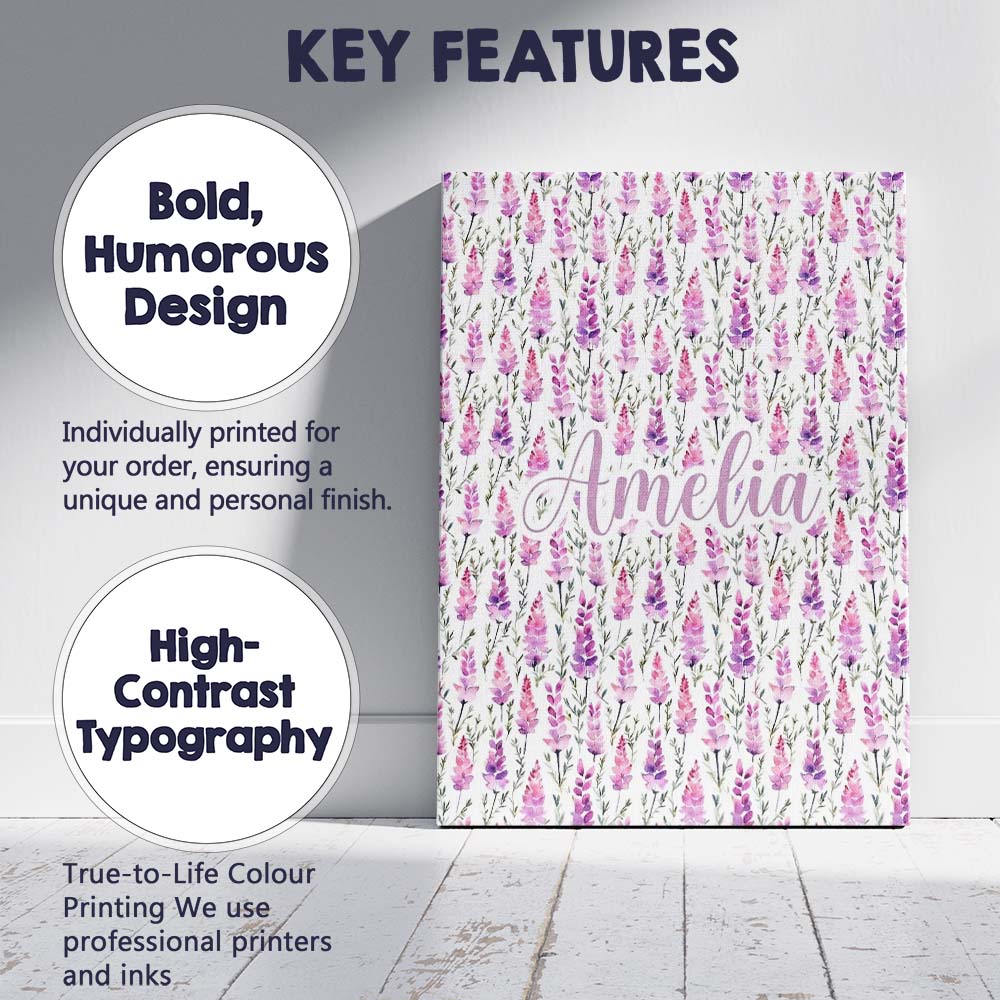 Personalised Name Purple Wildflower Meadow Custom  Unique Gift Idea Elegant Feature Canvas Wall Art Print Decor Picture Ready to Hang
