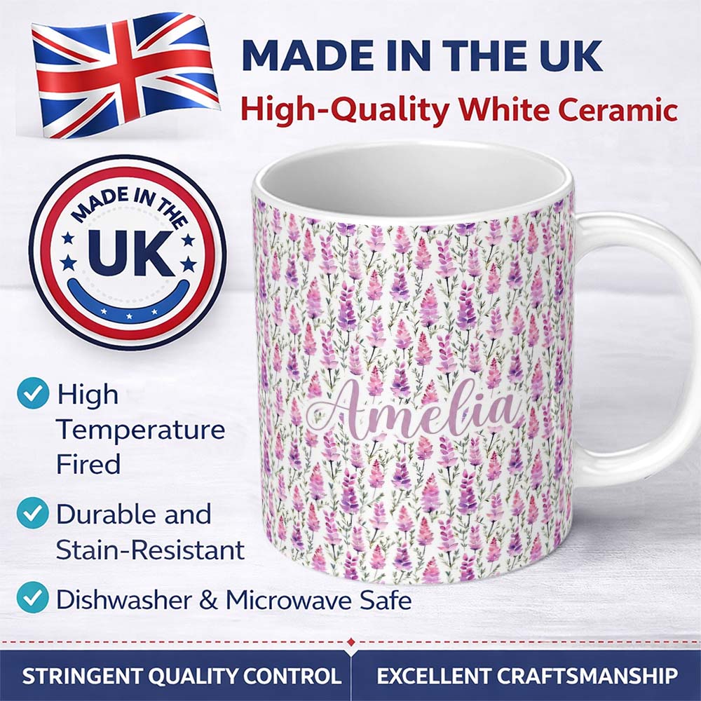 Personalized Custom Name Purple Wildflower Meadow Watercolor Seamless Pattern Name Cute 11oz Ceramic Coffee Tea Mug White Large Handle