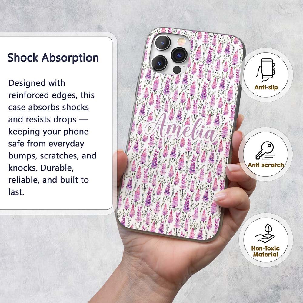 Purple Wildflower Meadow Watercolor Seamless Custom Name Protective Phone Case Mobile Cover Durable Everyday Smartphone Shock Resistant