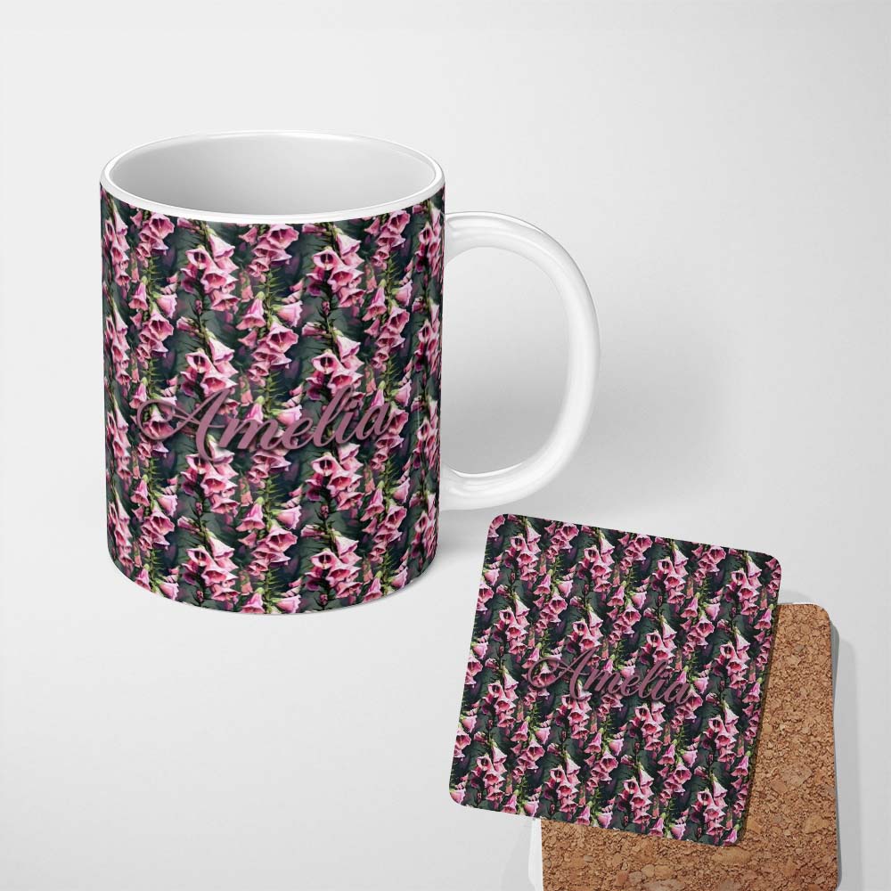Personalized Custom Name Pink Foxglove Flowers Botanical Garden Seamless Pattern Name Cute 11oz Ceramic Coffee Tea Mug White Large Handle