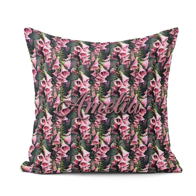Custom Name Pink Foxglove Flowers Botanical Garden Seamless Name Square Filled Cushion Throw Pillow Sofa Bed Home Decor Zip Washable UK Made