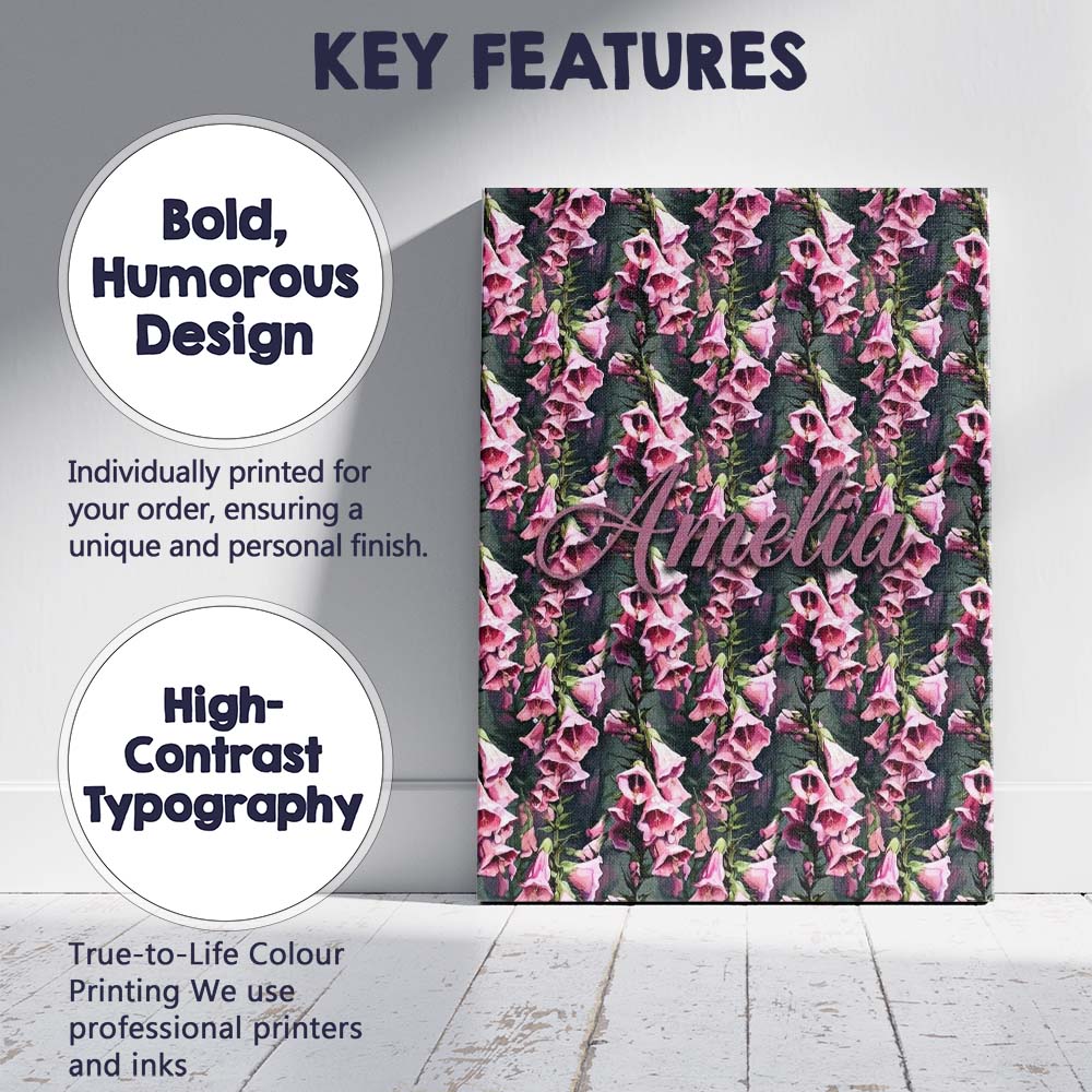 Personalised Name Pink Foxglove Flowers Custom  Modern Room Accent Elegant Feature Canvas Wall Art Print Decor Picture Ready to Hang