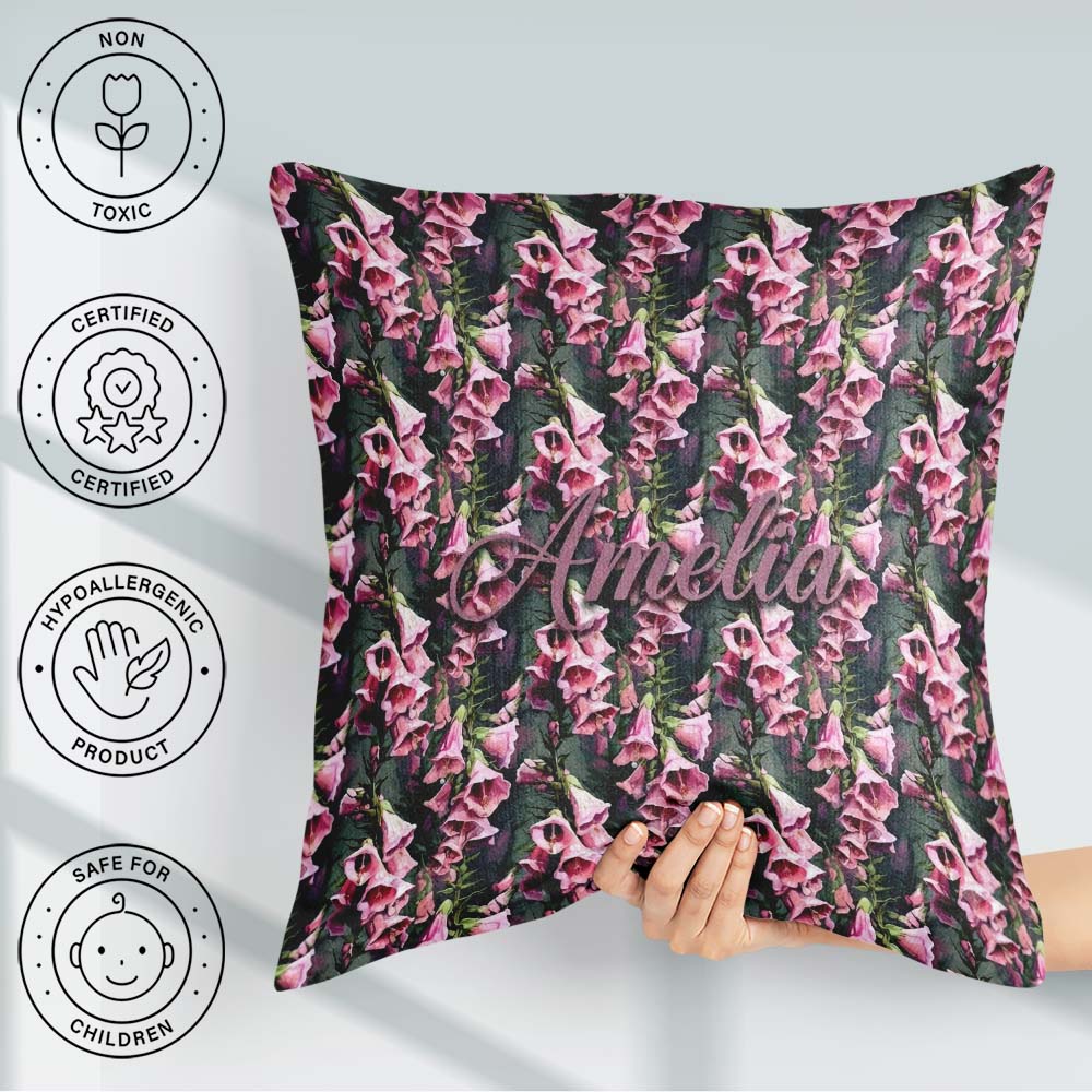 Custom Name Pink Foxglove Flowers Botanical Garden Seamless Name Square Filled Cushion Throw Pillow Sofa Bed Home Decor Zip Washable UK Made