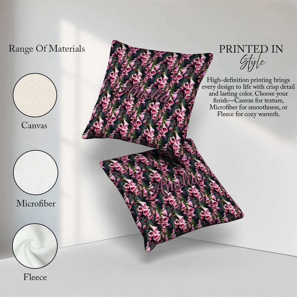 Custom Name Pink Foxglove Flowers Botanical Garden Seamless Name Square Filled Cushion Throw Pillow Sofa Bed Home Decor Zip Washable UK Made