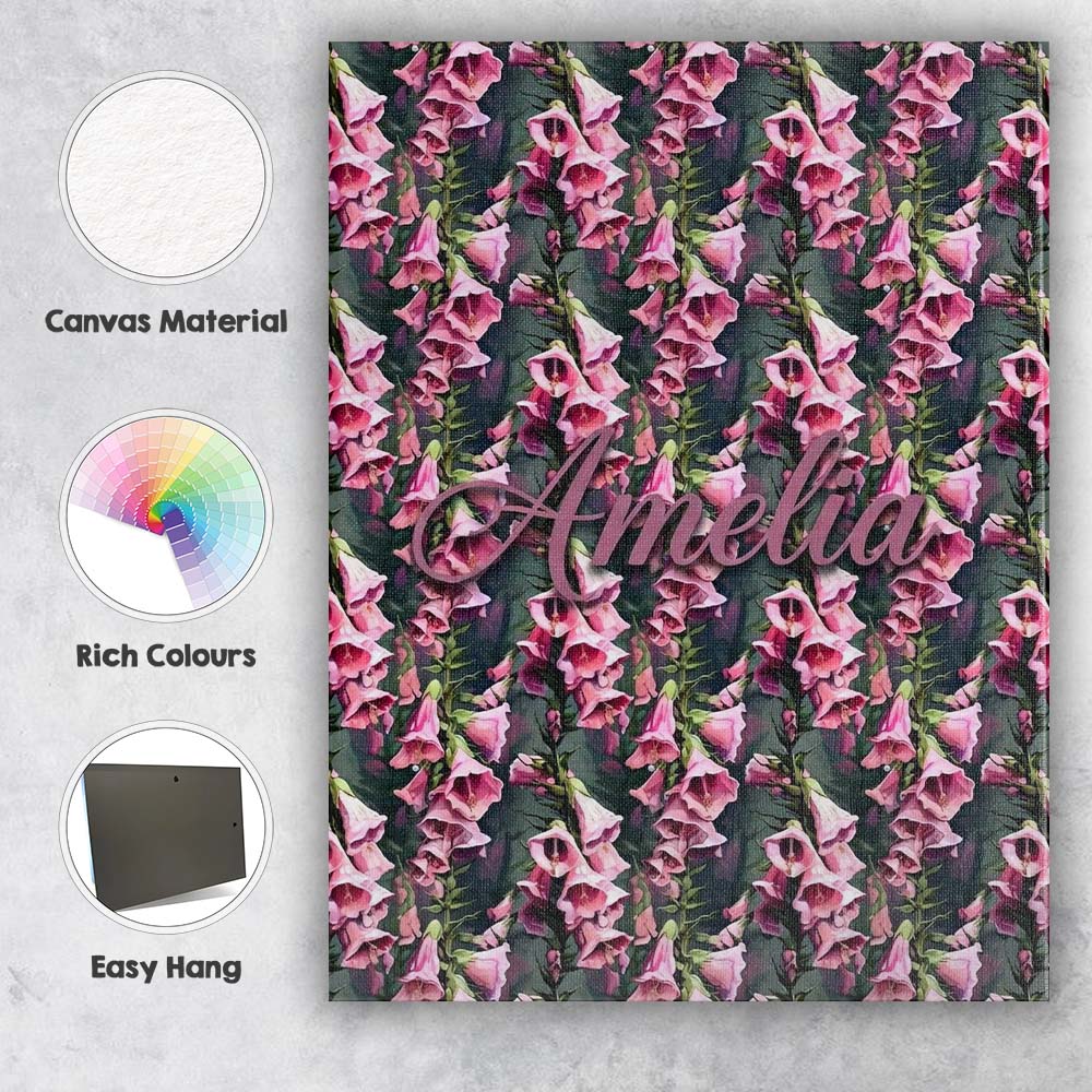 Personalised Name Pink Foxglove Flowers Custom  Modern Room Accent Elegant Feature Canvas Wall Art Print Decor Picture Ready to Hang