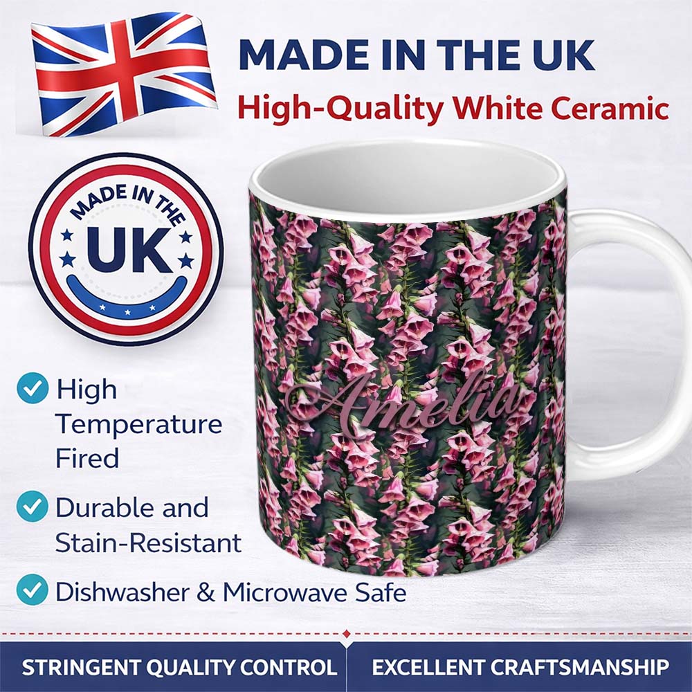 Personalized Custom Name Pink Foxglove Flowers Botanical Garden Seamless Pattern Name Cute 11oz Ceramic Coffee Tea Mug White Large Handle