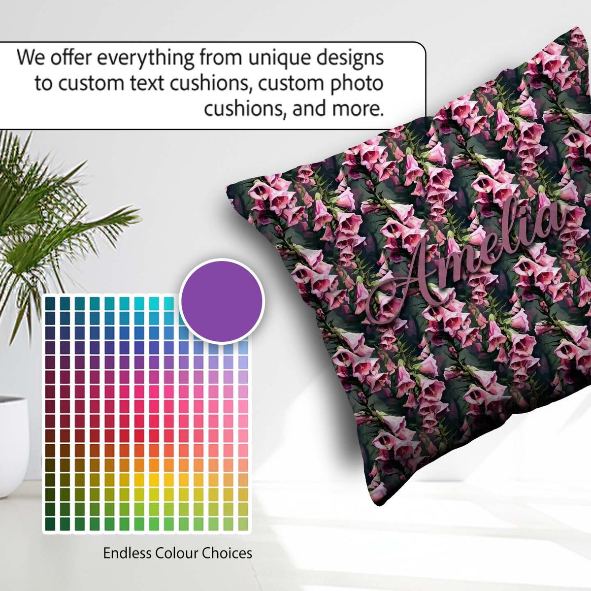 Custom Name Pink Foxglove Flowers Botanical Garden Seamless Name Square Filled Cushion Throw Pillow Sofa Bed Home Decor Zip Washable UK Made