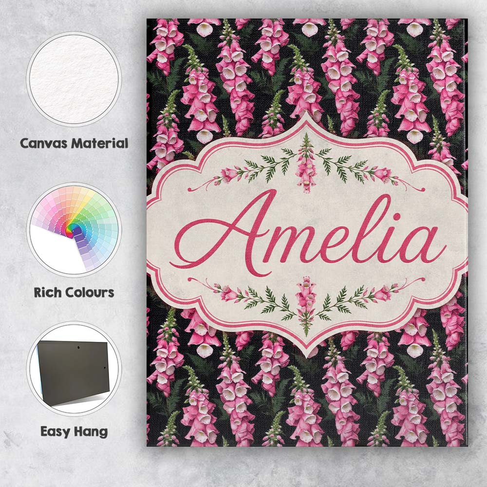Personalised Name Pink Foxglove Flowers on Custom  Unique Gift Idea Elegant Feature Canvas Wall Art Print Decor Picture Ready to Hang