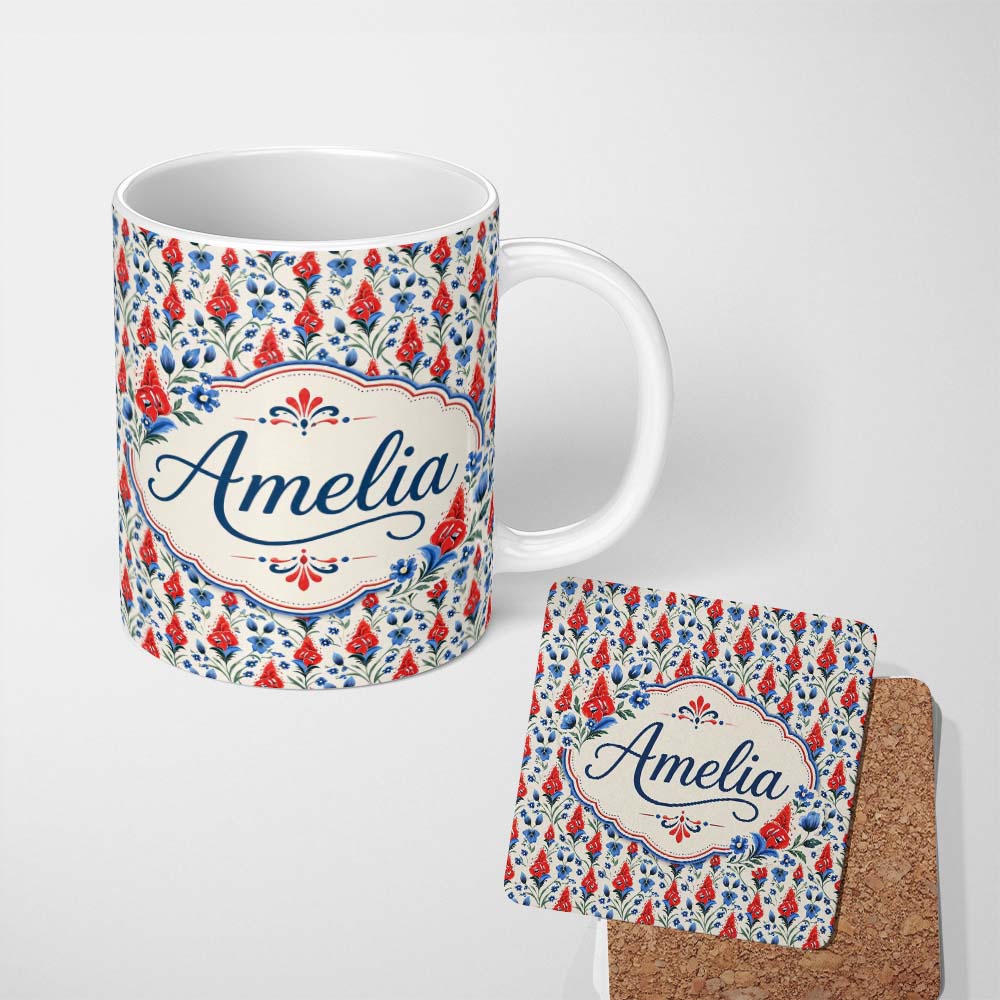 Personalized Custom Name Red and Blue Floral Folk Art Seamless Pattern Botanical Design Name 11oz Ceramic Coffee Tea Mug White Large Handle