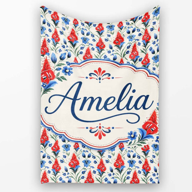Red and Blue Floral Folk Art Seamless Pattern Botanical Design Name  Personalised Custom Name Super Soft Fleece Blanket Bed Sofa Throw