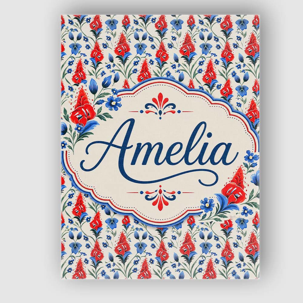 Personalised Name Red and Blue Floral Folk Custom  Unique Gift Idea Elegant Feature Canvas Wall Art Print Decor Picture Ready to Hang