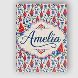Personalised Name Red and Blue Floral Folk Custom  Unique Gift Idea Elegant Feature Canvas Wall Art Print Decor Picture Ready to Hang