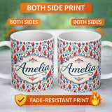 Personalized Custom Name Red and Blue Floral Folk Art Seamless Pattern Botanical Design Name 11oz Ceramic Coffee Tea Mug White Large Handle