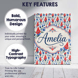 Personalised Name Red and Blue Floral Folk Custom  Unique Gift Idea Elegant Feature Canvas Wall Art Print Decor Picture Ready to Hang