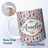 Personalized Custom Name Red and Blue Floral Folk Art Seamless Pattern Botanical Design Name 11oz Ceramic Coffee Tea Mug White Large Handle