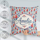 Custom Name Red and Blue Floral Folk Art Seamless Pattern Design Square Filled Cushion Throw Pillow Sofa Bed Home Decor Zip Washable UK Made
