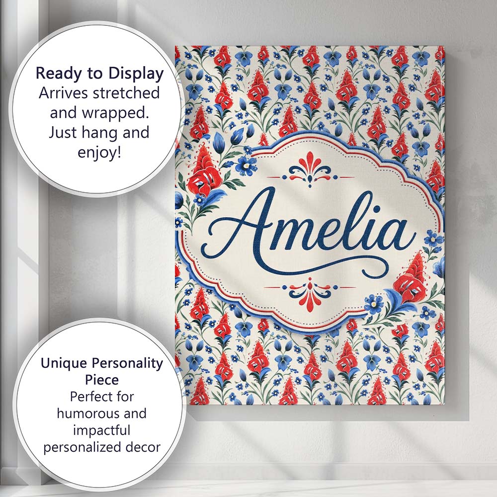 Personalised Name Red and Blue Floral Folk Custom  Unique Gift Idea Elegant Feature Canvas Wall Art Print Decor Picture Ready to Hang
